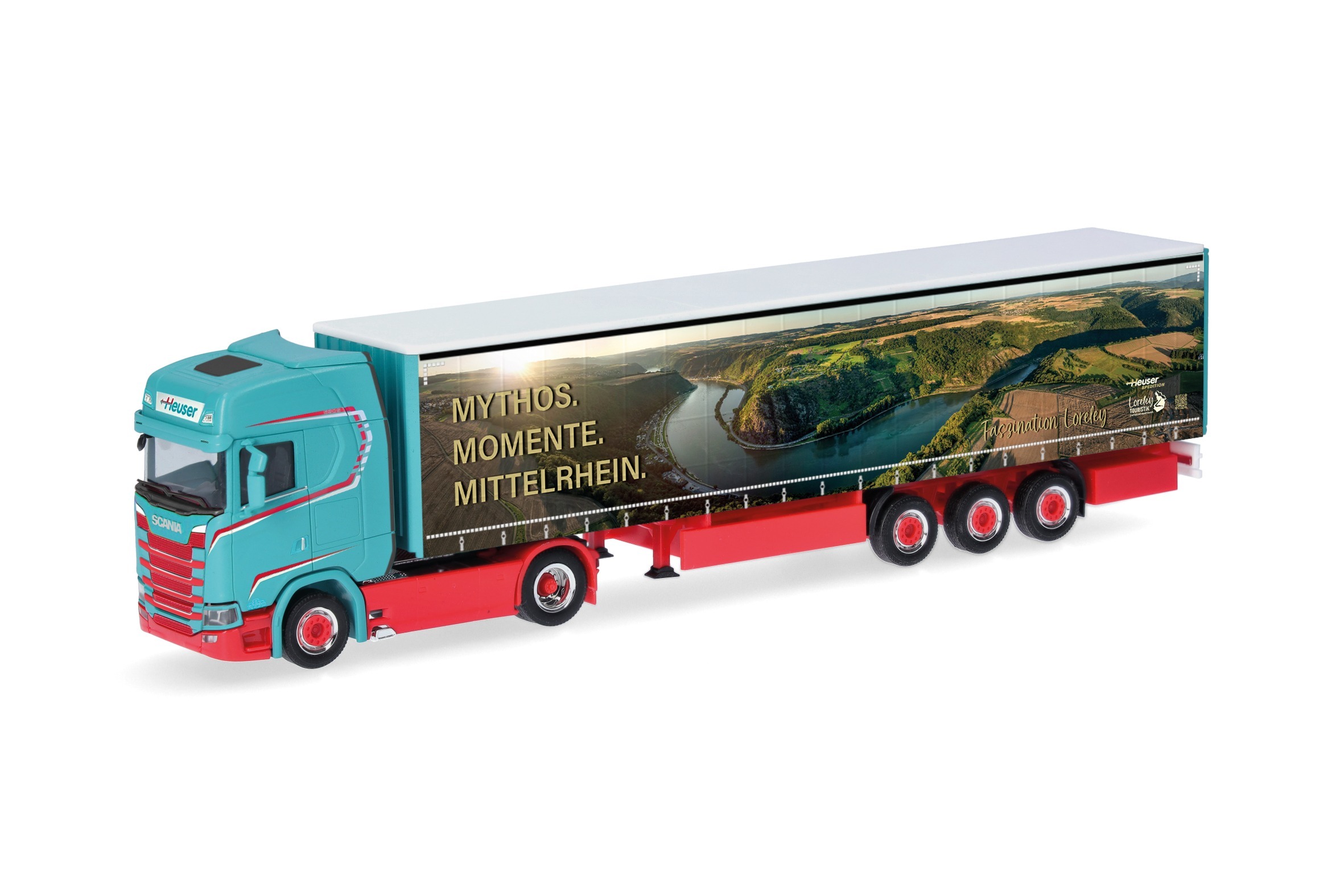 321280 Vorbestellung herpa 321280 Scania CS 20 Hochdach Gardinenplanen-Sattelzug "Spedition Heuser/Faszination Loreley" 1:87 NEU + OVP – Bild 1