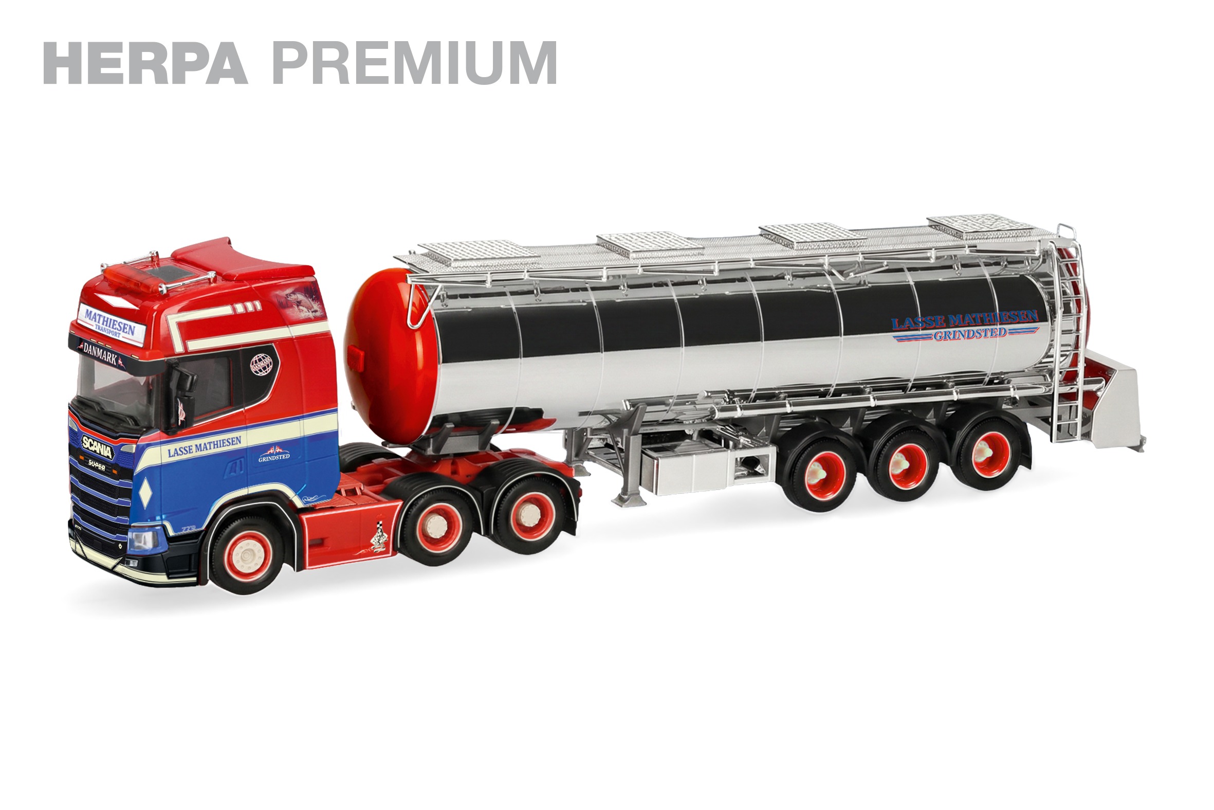 963206 Vorbestellung herpa 963206 Herpa Premium: Scania CS 20 Hochdach Chromtank-Sattelzug "Mathiesen", Dänemark 1:87 NEU + OVP – Bild 1