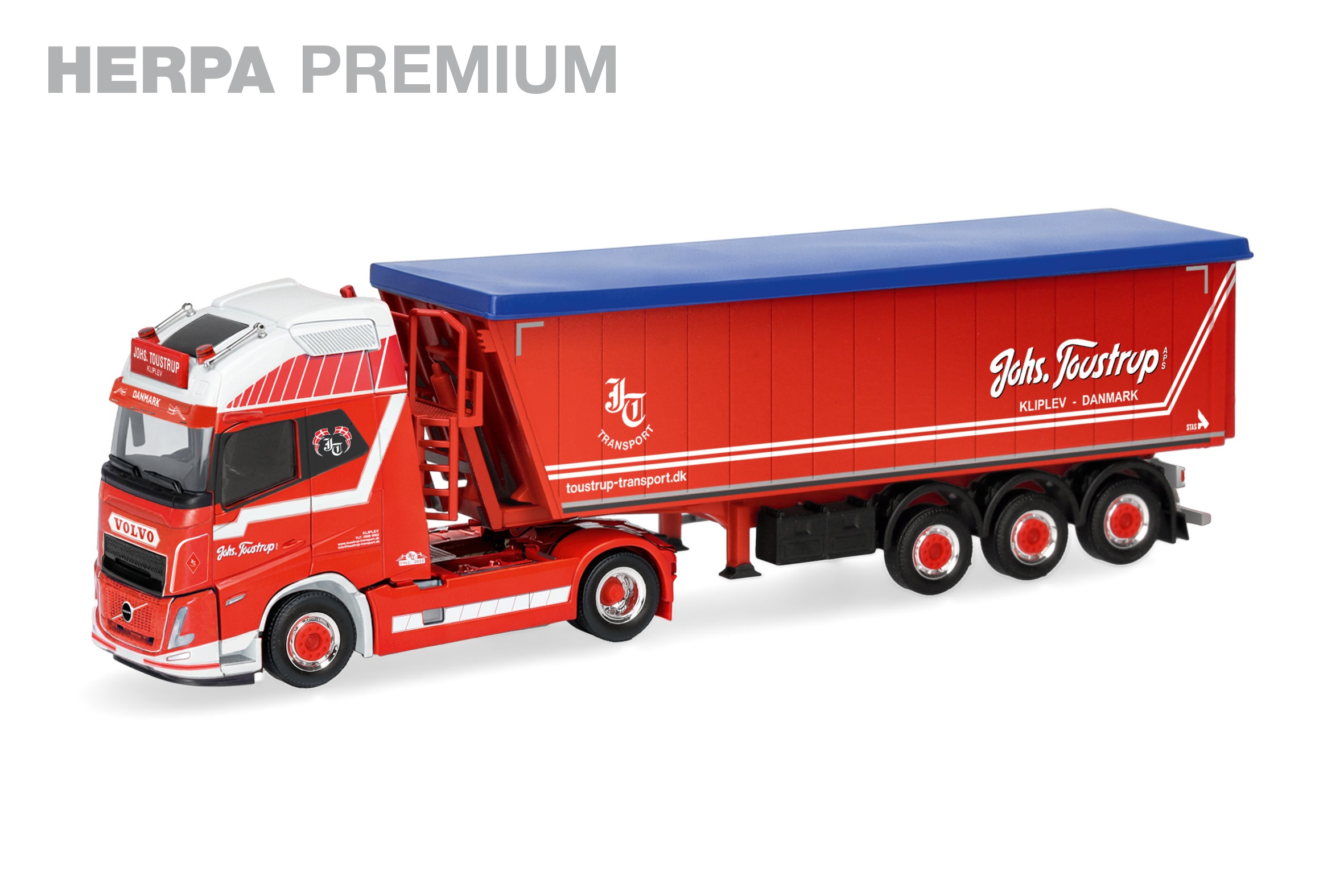 963213 Vorbestellung herpa 963213 Herpa Premium: Volvo FH Aero GL XL Stöffelliner-Sattelzug "Johs. Toustrup", Dänemark 1:87 NEU + OVP – Bild 1